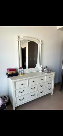 My white 9-drawer dresser with mirror, queen size bed and dresser — excellent condition