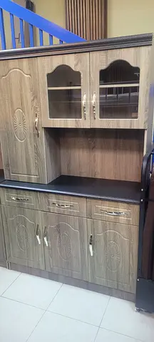 Wooden kitchen/display cabinet with glass doors and drawers - good condition