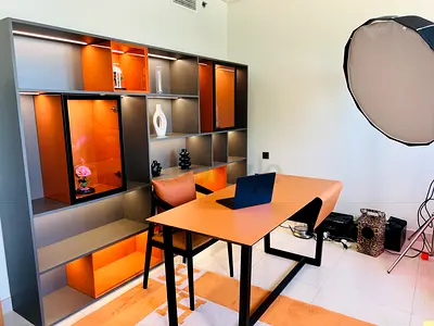 modern study desk with matching display shelving — used, excellent condition