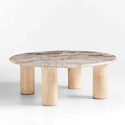 Crate and Barrel  Round White Oak Wood and Marble Coffee Table