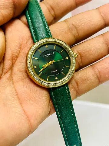 Akribos green leather womens watch with crystal bezel