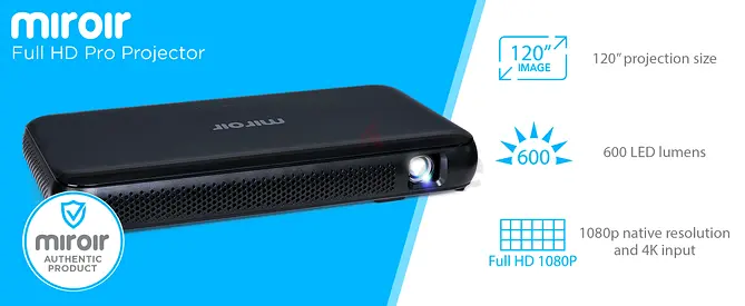 Miroir M600 Full HD Pro 1920 * 1080p compact Projector, battery – powered portable (Renewed Premium)