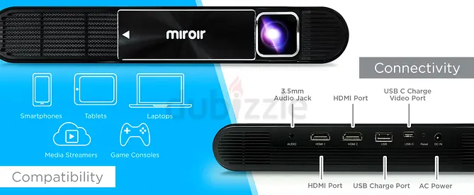 Miroir M631 Ultra Pro 1080p Projector, 700 LED Lumens, Battery-Powered, USB Type C Video and Charge