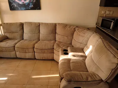Beige L-shaped sectional sofa, comfortable 5-seat — good condition