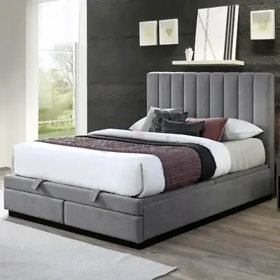 Grey upholstered storage bed with tall channel headboard