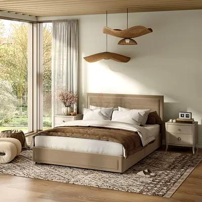 Light brown velvet 4 drawers king bed