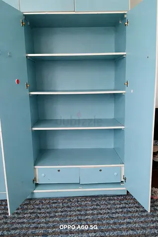 Blue 4 door double Wardrobe with Shelves and Drawers