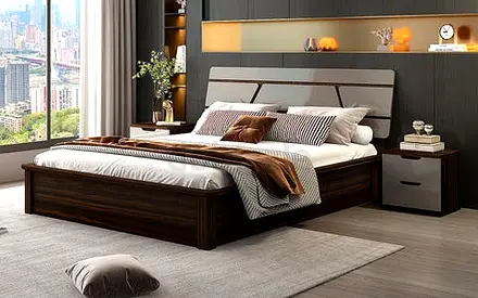 Modern dark-wood king bed frame with side tables