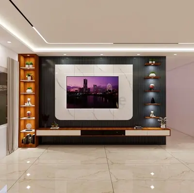 Modern wall-mounted entertainment unit with built-in shelves