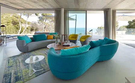 x2 set Roche Bobois Digital Curved Sofas in grey and turquoise colours H69 L220 D101 cm