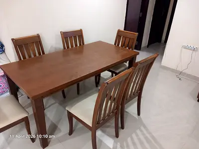 Brown Wooden Dining Table with Six Chairs