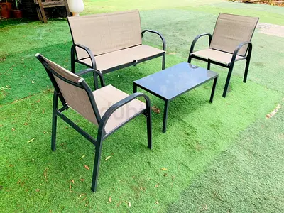 Selling my 4-piece garden patio set — 2 chairs, bench  glass-top coffee table