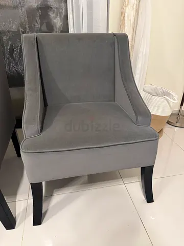 Grey upholstered accent armchair love seat with wooden legs (gently used)