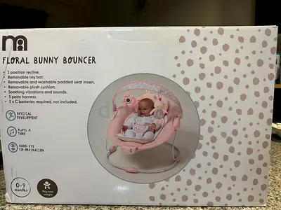 Pink Floral Bunny Baby Bouncer (0-9 months) with Vibration  Toy Bar