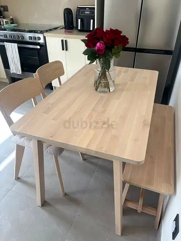 My light wood dining table set including table, bench and 2 chairs