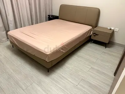 Queen Bed 160x200 with Modern Taupe 2-Drawer Nightstand — Good Condition