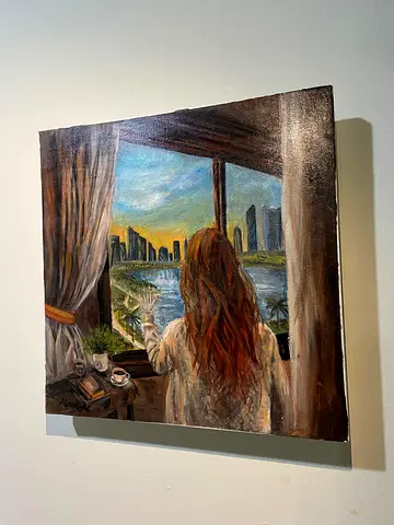 Original acrylic painting — woman at window overlooking city skyline
