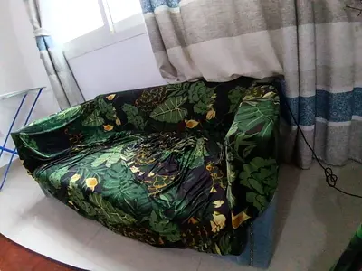 Used 3-seater sofa with green botanical slipcover