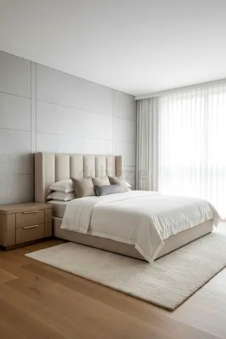 Upholstered bed frame with tall headboard