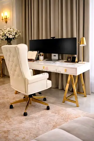 Office table and chair white and gold premium 1800 aed i bought it at 8,000 aed and never used it .