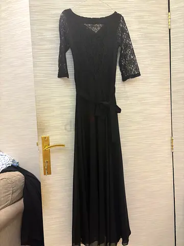 Black lace long dress with tie belt (womens)