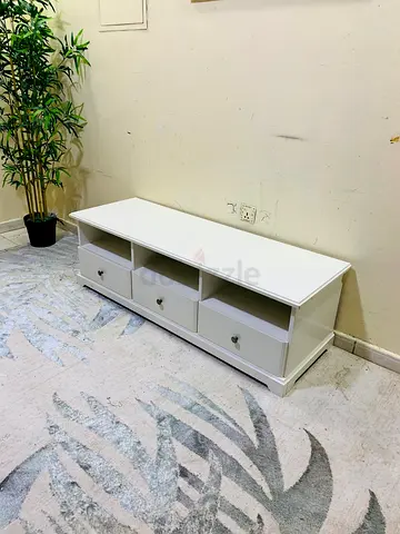 White TV/media console with 3 drawers and 3 open shelves