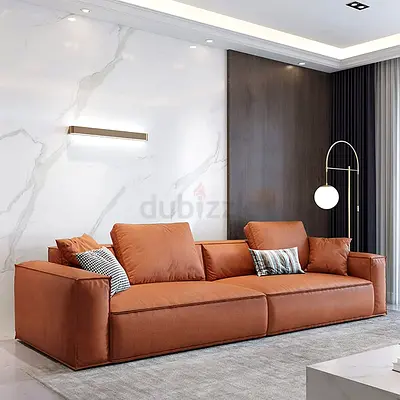 Cognac Leather 3-Seater Sofa — Modern Low-Profile