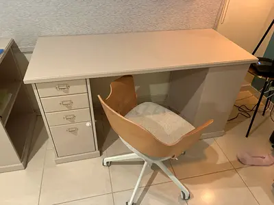 Beige study desk with 3-drawer cabinet and swivel chair