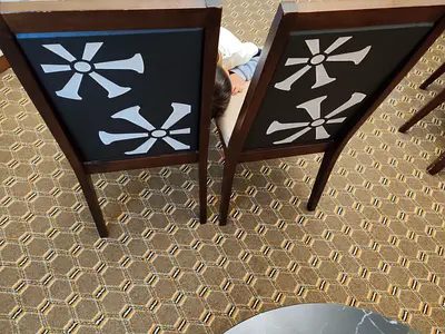 Set of 6 wooden dining chairs with decorative back panels