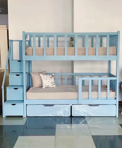 Wooden bunk bed with stairs and under-storage