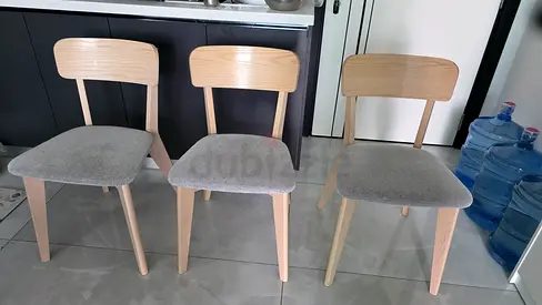 IKEA  Set of 4 light wood dining chairs with grey upholstered seats