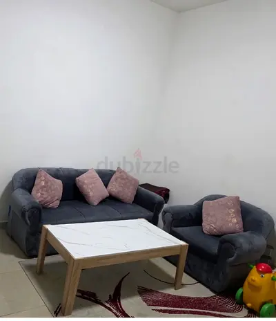 My grey 2-seater sofa and armchair set with coffee table and rug
