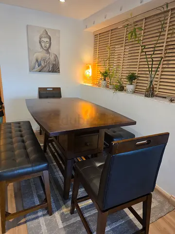 Solid wood dining set — table, 2 leather rotating chairs + 2 stools + bench