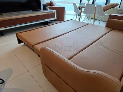 Used brown leather pull-out sofa bed, 210 CM width