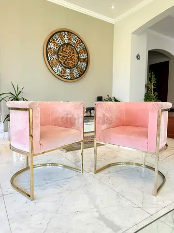 Pair of Pink Velvet Accent Chairs with Gold Metal Frame — Lightly Used