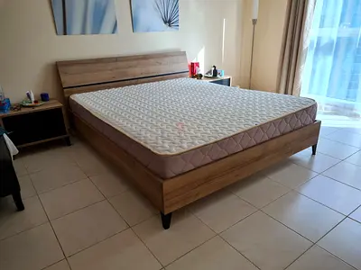 KING SIZE bed frame 200×200 with two side drawers cabinets, mirror cabinet with 8 drawer, mattress