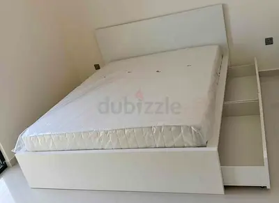 IKEA malam queen‑size bed (160 × 200 cm) with 2 storage drawers underneath and an IKEA mattress ✨