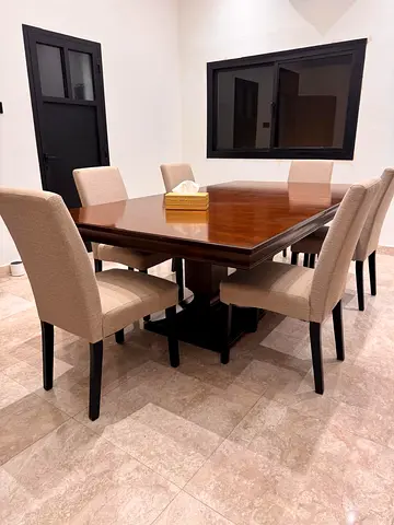 Solid wood dining table set — 6 beige upholstered chairs