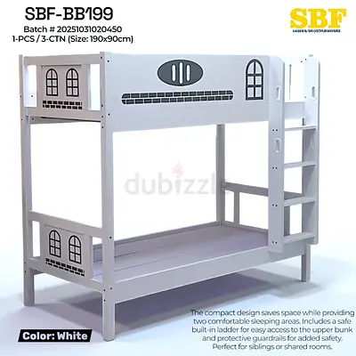White wooden kids bunk bed with built-in ladder — 190x90cm