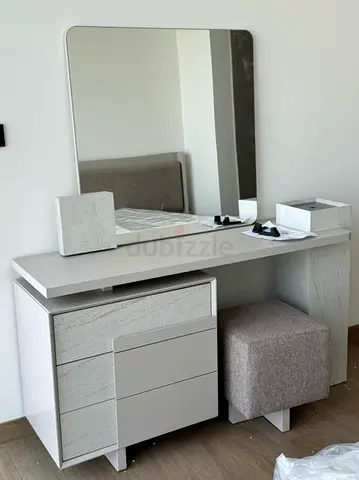 beige dressing table vanity with mirror and stool