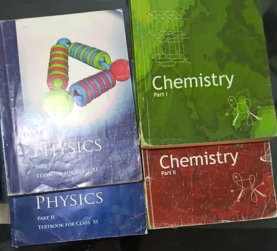 Set of Class XI Maths, English, Physics  Chemistry Textbooks (Part I  II) — used
