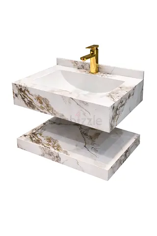 Marble-effect floating bathroom vanity with integrated basin and shelf