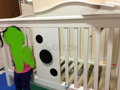 White Wooden Crib with Playful Design withmattress