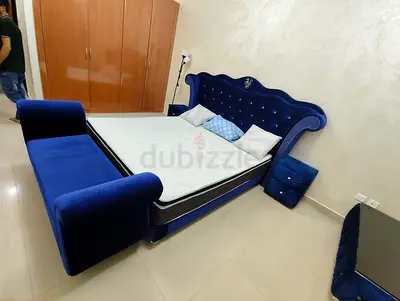 Stylish Blue Velvet Bed with Nightstands Dressing Table New For Sale