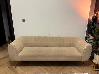 Beige 3‑Seater Mid‑Century Sofa with Brass Legs - home center