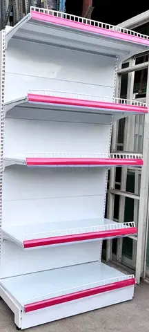 5-tier white gondola retail shelving unit (pink trim) supermarket shelf