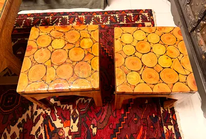 Marina Pair of handmade log-slice wooden stools / side tables
