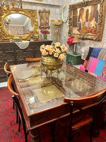 Antique wooden dining table with 4 chairs  glass top