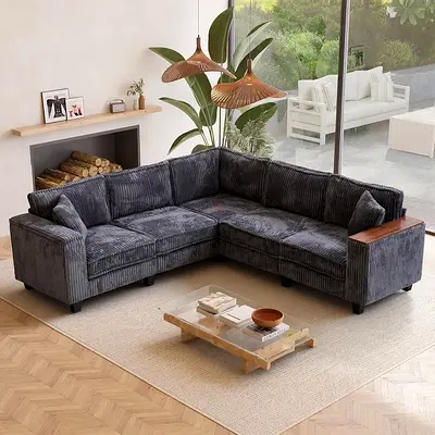 Oversized dark gray corduroy fabric corner sofa
