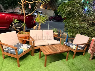 My wooden outdoor lounge set — 2-seater sofa, 2 armchairs  coffee table
